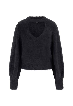 Schwarzer, flauschiger V-Ausschnitt-Pullover mit langen, voluminösen Ärmeln. Mit Knopfdetails an den Bündchen. Weiche Textur, cropped Design.