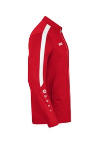 Rote Sportjacke mit weißen Seitenstreifen, hohem Kragen, Reißverschluss und Knopfdetails an den Ärmeln. Hergestellt aus dehnbarem, glattem Material.