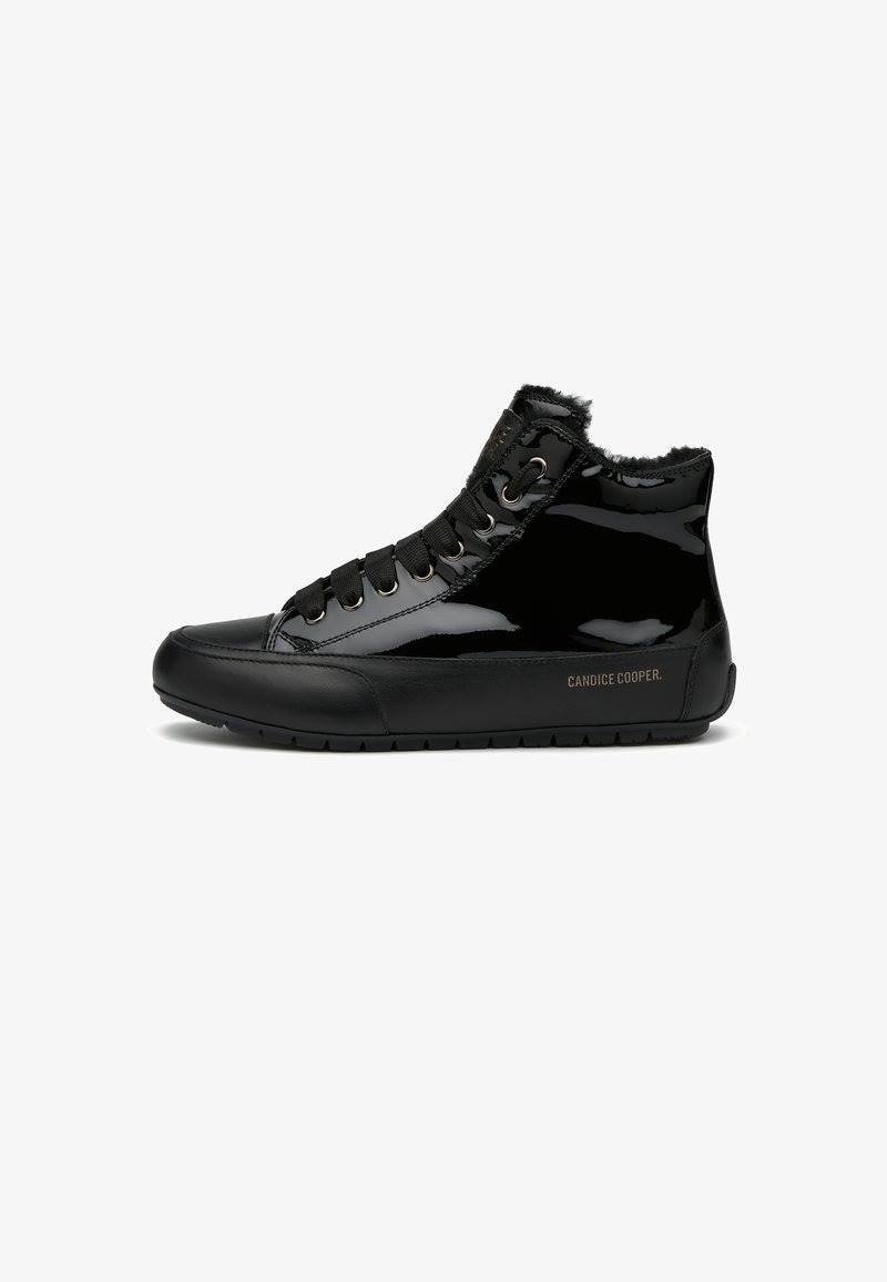 Black high-top sneakers with glossy patent leather, lace-up design, fur trim at the collar, and subtle branding on the sole.