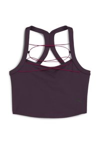 Fialová športová podprsenka s dizajnom racerback, vybavená prekríženými popruhmi na chrbte a malým čiernym logom na boku.