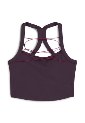 Purple sports bra with a racerback design, featuring crisscross straps at the back and a small black logo at the side.