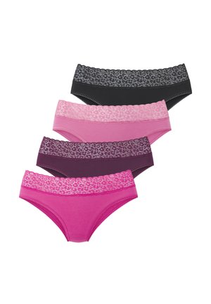 Four women's bikini-style underwear in black, light pink, dark purple, and bright pink with matching leopard print lace waistbands.