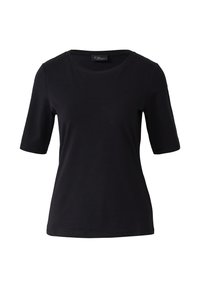 T-shirt noir à manches courtes en coton. Présente un col rond et une coupe décontractée. Texture lisse sans motifs ni accents visibles.