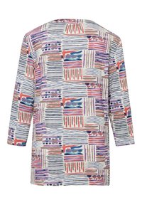 Multikleuren top met een gemengd patroon van lijnen en vormen in paars, rood en blauw op een lichte achtergrond. Lange mouwen en een relaxte pasvorm.