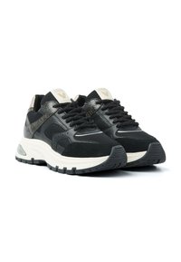 Pair of black and dark brown mixed-material sneakers with white soles and black laces, positioned side by side on a white background.