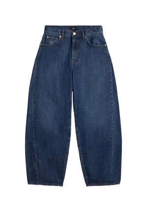 Donkere denim jeans met wijde pijpen en een hoge taille, voorzien van vijf zakken, metalen details en contrasterende stiksels.