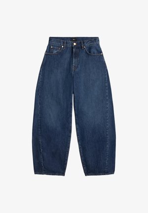 Donkere denim jeans met wijde pijpen en een hoge taille, voorzien van vijf zakken, metalen details en contrasterende stiksels.