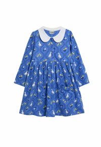 Abito blu con maniche lunghe, colletto Peter Pan bianco e un motivo di anatre, fiori e foglie. Presenta una vita arricciata e tasche.