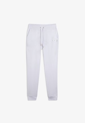 Pantalons de survêtement gris clair en tissu doux, dotés d'une taille élastique avec cordon de serrage, de poches latérales et d'un petit logo sur la cuisse gauche.