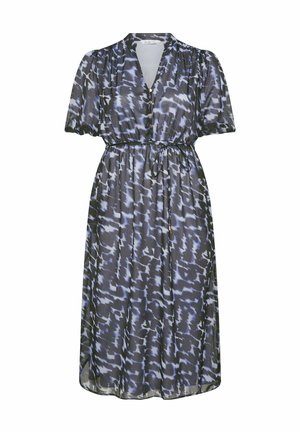Robe midi à motifs abstraits noirs et bleus avec manches courtes bouffantes, col en V, devant boutonné et taille ajustable avec cordon.