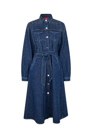 Džinsa kleita ar garām piedurknēm, apkakli un pogām priekšpusē. Ar jostasvietu un izkaisītām rhinestone dekorācijām. Tumši zila krāsa un ceļgalu garums.