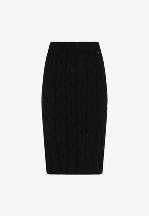 Czarna, dziana spódnica ołówkowa z teksturalnym wzorem w warkocze, o dopasowanym kroju i szerokim elastycznym pasku w talii.