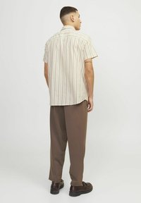 Camisa de manga corta en crema con finas rayas verticales, combinada con pantalones marrones holgados y zapatos oscuros. El tejido parece ligero y casual.
