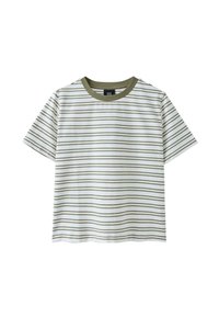 Short-sleeve white t-shirt with thin horizontal olive green stripes and solid olive green round neckline.