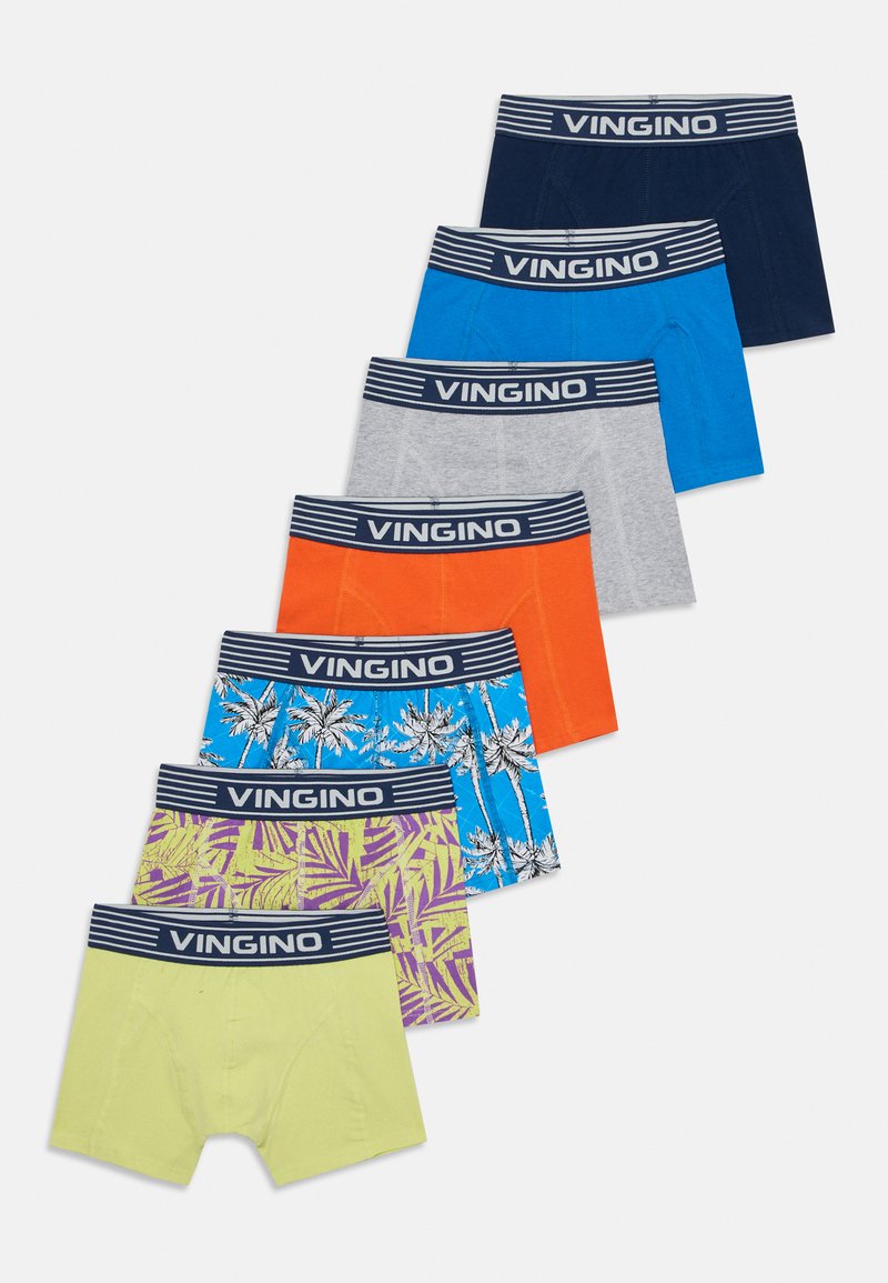 Sept paires de boxers Vingino dans différentes couleurs : marine, bleu clair, gris, orange, bleu avec des palmiers, violet à motifs et vert clair.