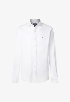 White long-sleeve button-up shirt with a pointed collar and small embroidered logo on the left chest, displayed on a plain background.