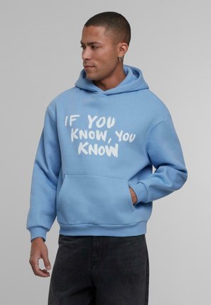 Light blue hoodie made of cotton with a front kangaroo pouch, featuring a white graphic text "IF YOU KNOW, YOU KNOW" across the chest.
