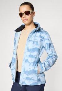 Light blue jacket with a cloud pattern, zippered front, and adjustable hood. Features two side pockets and a soft inner lining.
