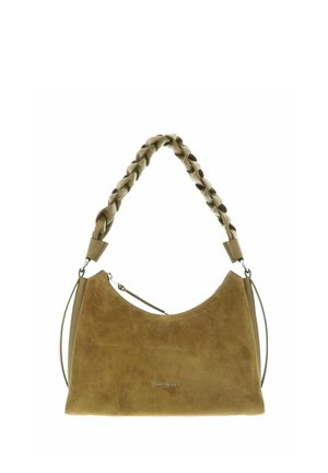 Borsa in pelle scamosciata marrone con manico intrecciato e cerniera argento, con piccolo logo metallizzato del marchio al centro davanti.