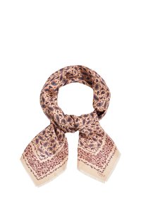 Silkebånd med et paisley-mønster i mørkeblå og maroon på en lys ferskenfarvet baggrund, med en dekorativ kant af blomstermotiver.