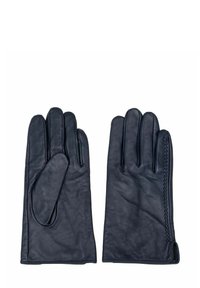 Czarne skórzane rękawiczki o gładkiej teksturze, z pięcioma palcami i detalem stębnowania po boku nadgarstka dla dodatkowego efektu wizualnego.