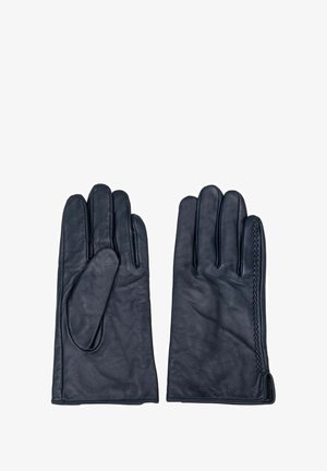 Czarne skórzane rękawiczki o gładkiej teksturze, z pięcioma palcami i detalem stębnowania po boku nadgarstka dla dodatkowego efektu wizualnego.