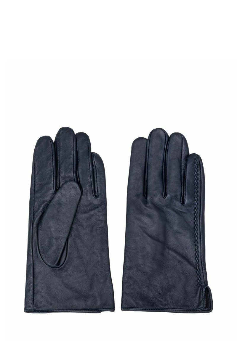 Czarne skórzane rękawiczki o gładkiej teksturze, z pięcioma palcami i detalem stębnowania po boku nadgarstka dla dodatkowego efektu wizualnego.