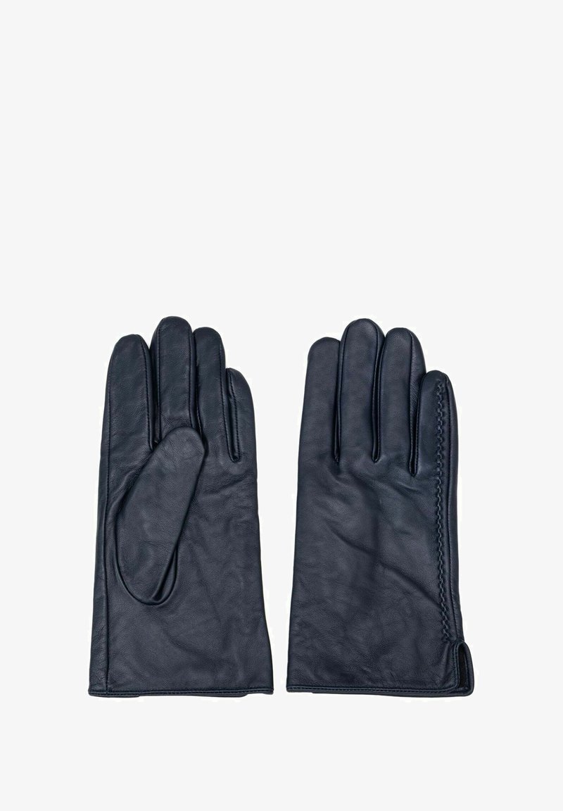 Czarne skórzane rękawiczki o gładkiej teksturze, z pięcioma palcami i detalem stębnowania po boku nadgarstka dla dodatkowego efektu wizualnego.