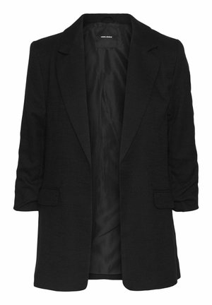 Blazer nero con un design strutturato, chiusura a un bottone e due tasche frontali. Presenta una fodera interna liscia e maniche ripiegate.