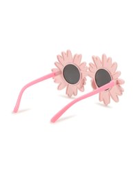 Ροζ παιδικά γυαλιά ηλίου με στρογγυλούς μαύρους φακούς και κοτσάνους σε σχήμα λουλουδιού σε λευκό φόντο.