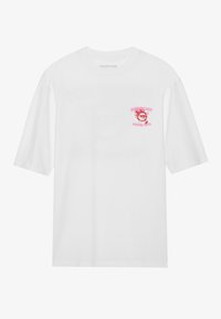 White cotton t-shirt with short sleeves featuring a colorful graphic print on the left chest that includes text and a character design.