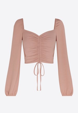Top corto rosa chiaro con scollo quadrato, maniche lunghe a sbuffo, parte anteriore arricciata e coulisse al bordo. Texture liscia.