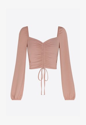 Top corto rosa chiaro con scollo quadrato, maniche lunghe a sbuffo, parte anteriore arricciata e coulisse al bordo. Texture liscia.