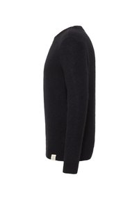Granatowy sweter z dzianiny z okrągłym dekoltem, długimi rękawami i ściągaczami. Posiada teksturowany materiał oraz małą metkę na dolnym brzegu.