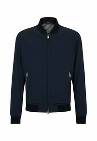 Navy bomber jacket in soft fabric, featuring a front zip closure, two side pockets, ribbed cuffs, and collar, with a smooth texture.