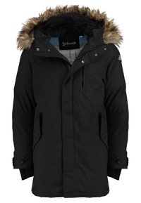 Svart isolerad parka med huva i päls, framdragkedja, sidofickor och ribbade ärmslut. Har en logotyp på ärmen och en slät yta.