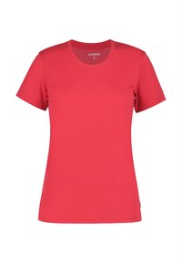 Camiseta roja de manga corta hecha de una tela suave y texturizada. Presenta un cuello redondo y un pequeño logo en la manga izquierda.