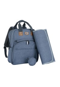 Blå tygryggsäck med bruna läderdetaljer, en rullbar skötmatta och ett litet runt fack, med detaljer som framficka och dragkedja.