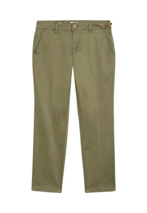 Chino din bumbac de culoare verde măsliniu, cu un design drept, buzunare laterale și un accent decorativ cu lanț la talie.