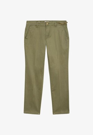 Olivgrüne Baumwoll-Chinos mit geradem Bein, seitlichen Taschen und einer dekorativen Kettenakzentuierung am Bund.