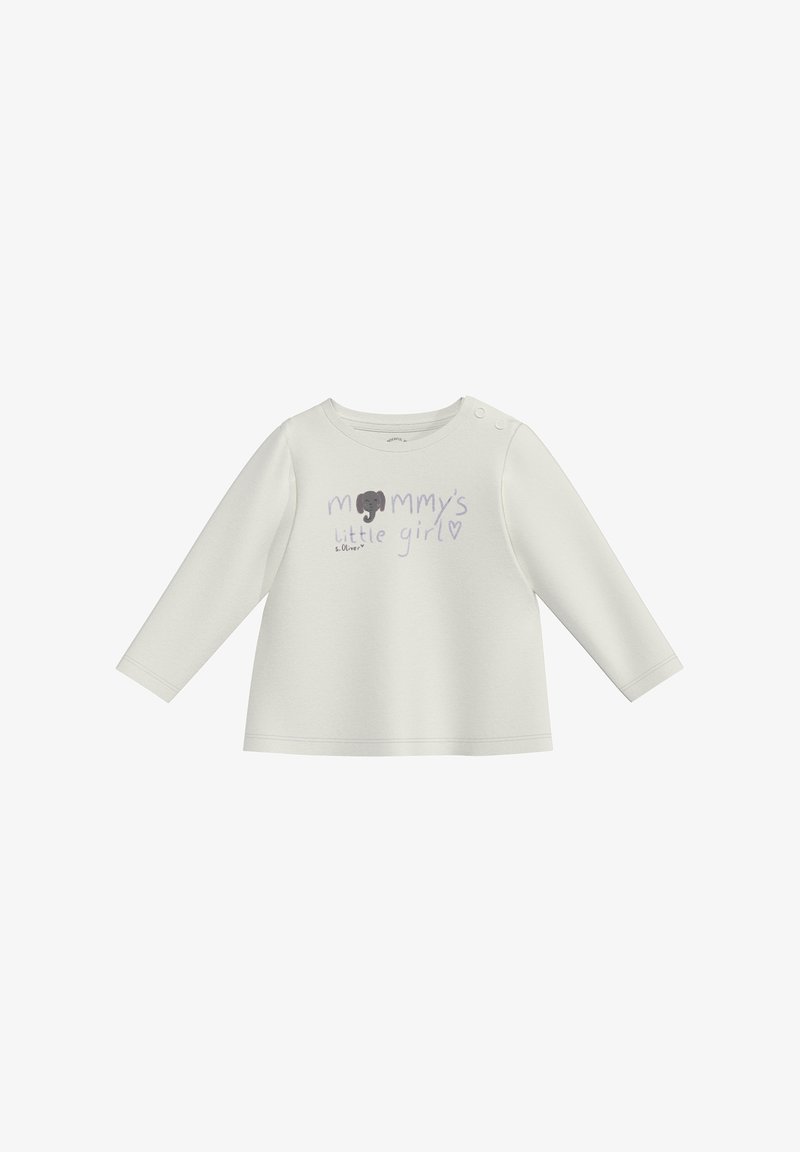 Helles cremefarbenes Langarmshirt mit rundem Ausschnitt, Druckknopf an der Schulter, mit einem Elefant-Grafik und dem Text "Mamisch's kleines Mädchen."