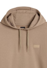 Sudadera con capucha marrón hecha de un tejido suave, con un pequeño logo bordado, cordones y un diseño simple y limpio.