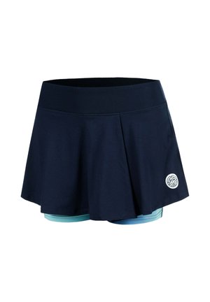 Skort sportif bleu marine avec large ceinture élastique, short bleu clair intégré et petit logo circulaire blanc sur l'ourlet.