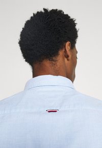 Lichtblauw geruit overhemd met een klassieke kraag en een klein logo-accent in rood, wit en blauw aan de achterkant. Zachte stoftextuur.