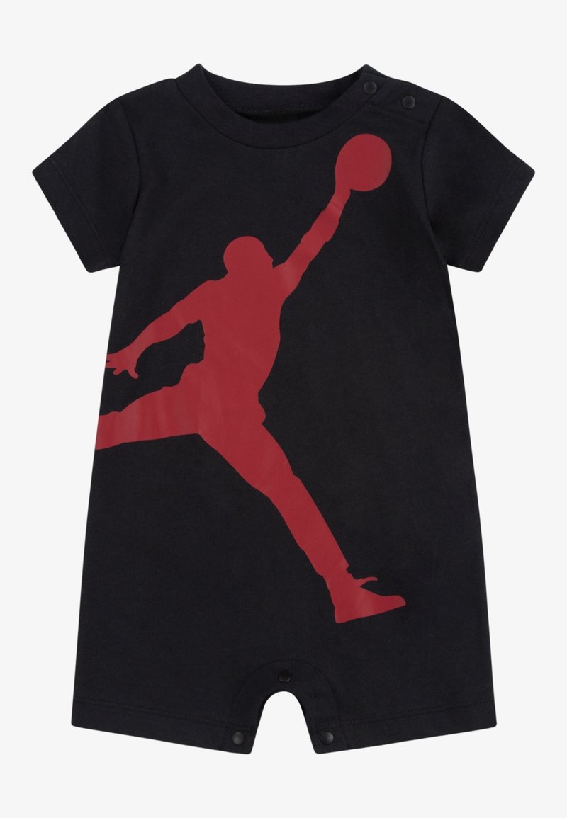 Body bébé noir à manches courtes avec une silhouette rouge d'un joueur de basketball sautant et attrapant un ballon. Boutons pression aux épaules et à l'entrejambe.