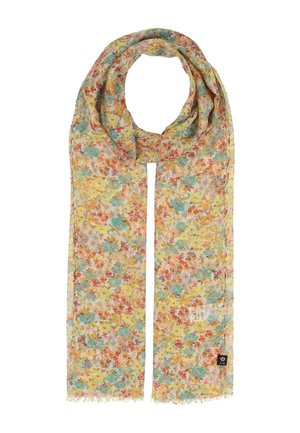 Lightweight rectangular scarf with multicolored floral pattern in yellow, red, green, and blue hues, featuring frayed edges and a small black logo tag.