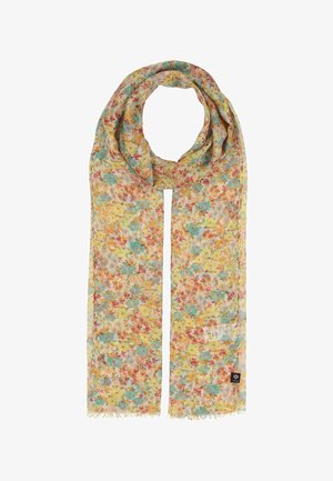 Lightweight rectangular scarf with multicolored floral pattern in yellow, red, green, and blue hues, featuring frayed edges and a small black logo tag.