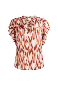 Blusa a maniche corte con maniche volanti e scollatura a V, caratterizzata da un motivo astratto arancione, marrone e crema.