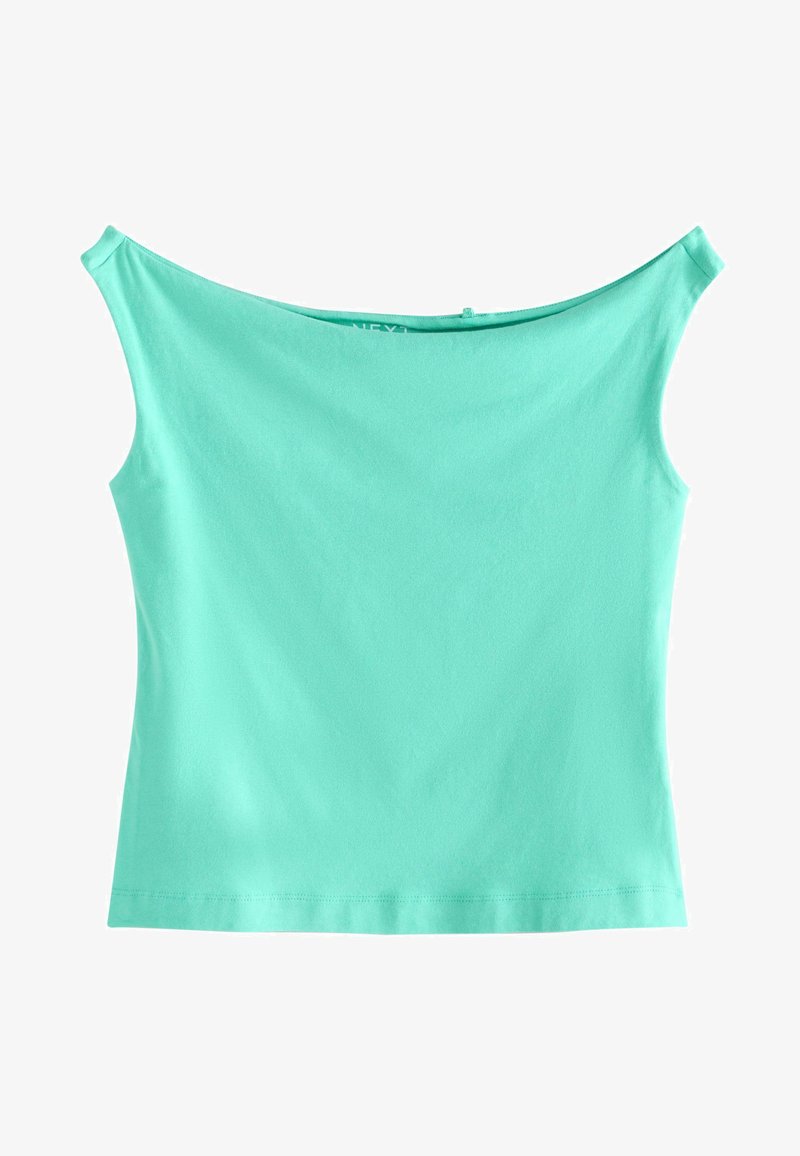 Hele türkiissinine off-the-shoulder topp, lühikeste varrukatega, pehmest ja siledast kangast, millel on lihtne ja õmblemata disain ning sirge krae.