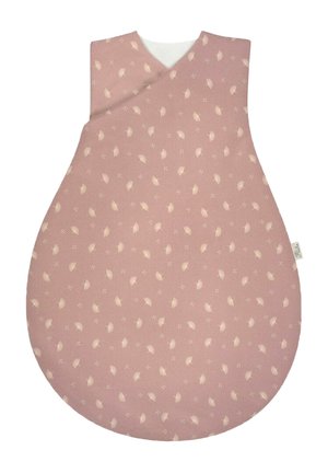 Zart rosa Schlafsack mit kleinen Blattmustern, weichem Baumwollmaterial, ovaler Form, breiten Armausschnitten und abgerundetem Boden.